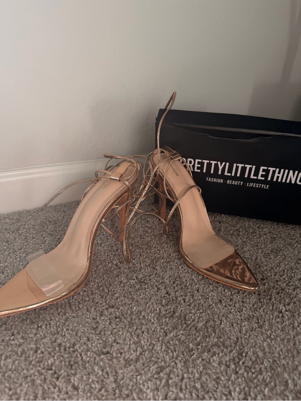 PRETTYLITTLETHING Rose Gold Clear Strap Lace-Up Stiletto Heels